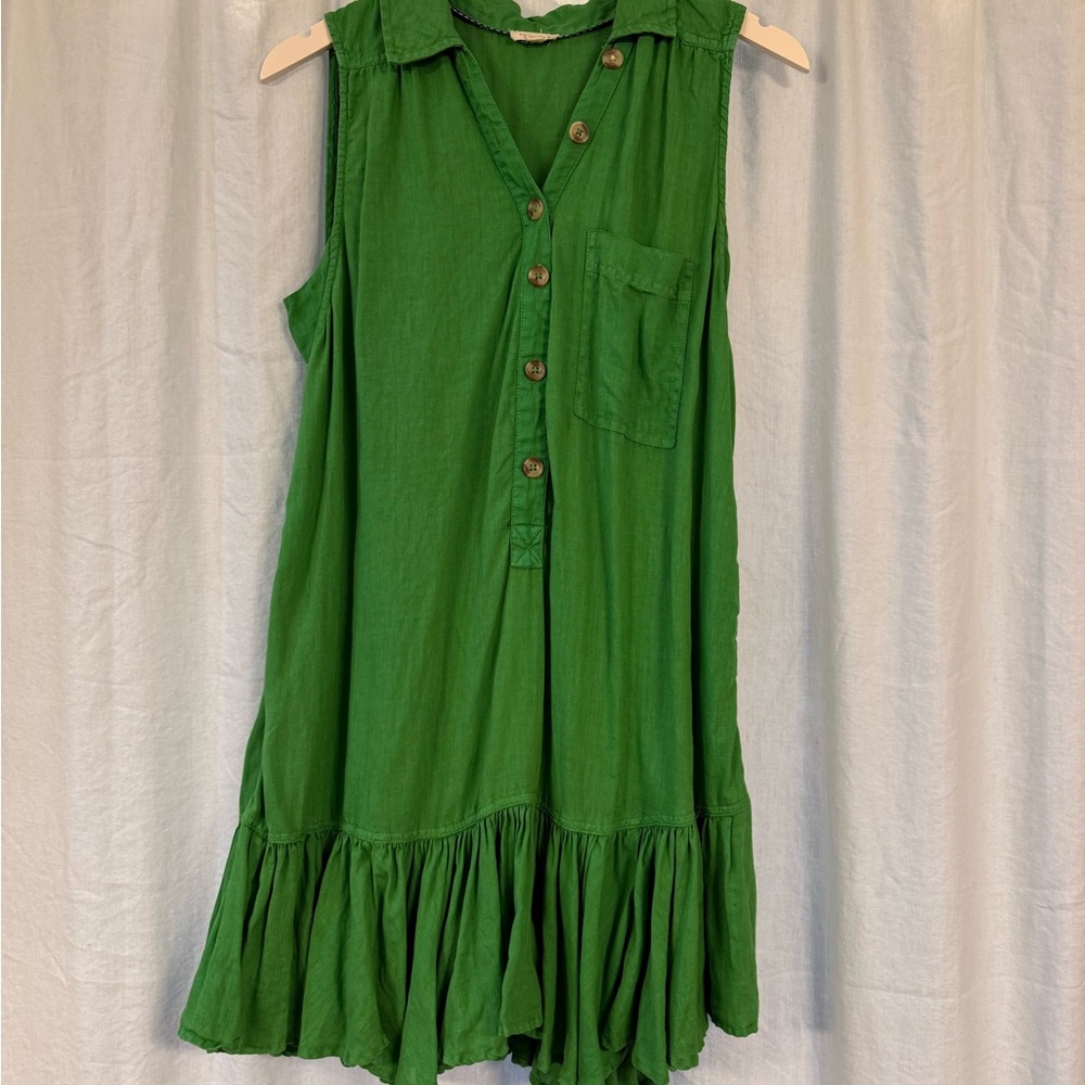 Anthropologie Pilcro Kelly Green Linen Ruffle Dress - M
